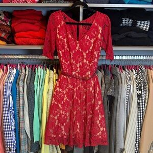 Danny & Nicole red 1/2 sleeve belted lined exposed back zipper lace dress size 6